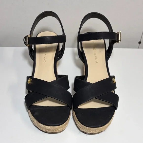 Tommy Hilfiger Black and Tan Wedge Sandals - Picture 2 of 8